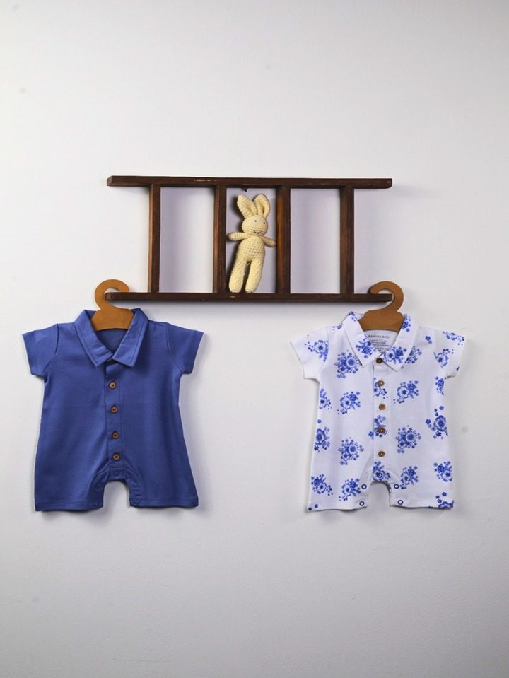 Blue half-sleeve baby rompers — The Cuddle Rompers