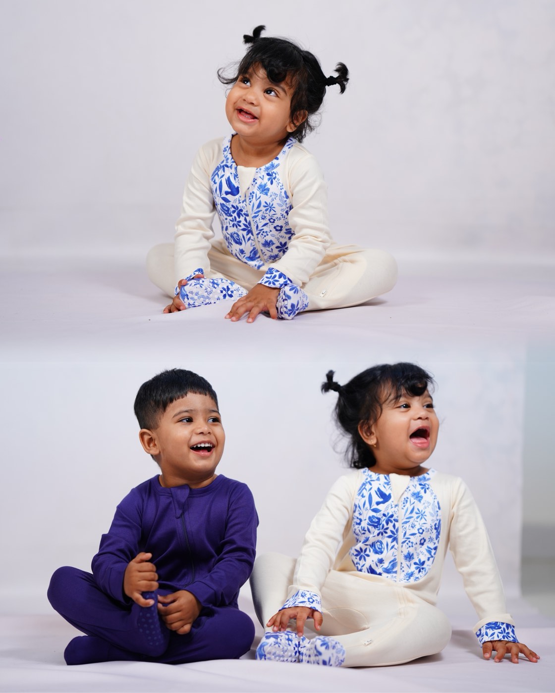A child in Pangea & Co.'s blue Birdsong dress set from the Neelam collection